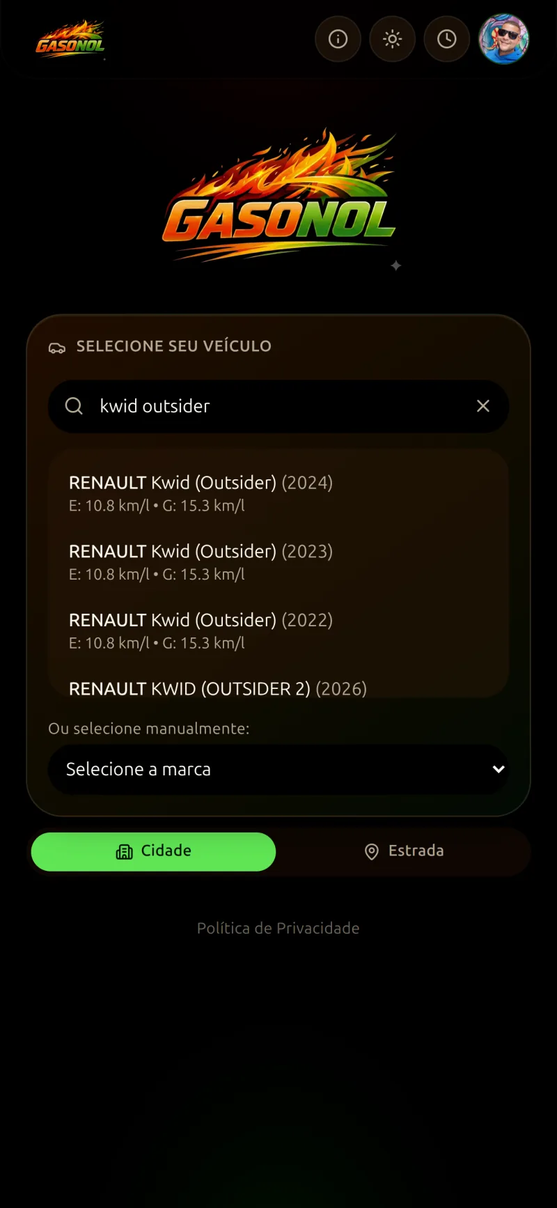 Seletor de veículo do Gasonol com marcas, modelos e anos e o consumo de cada um